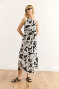 Olalook Women's White Geometric Halter Neck Belted Woven Viscon Dress - Image 2