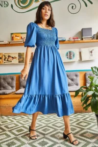 Olalook Women's Indigo Gimped Square Collar Bodrum Dress - Image 2