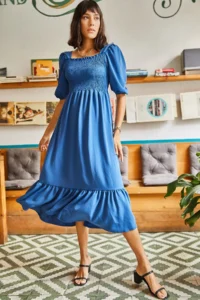 Olalook Women's Indigo Gimped Square Collar Bodrum Dress - Image 3