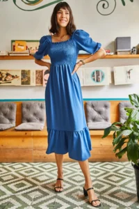 Olalook Women's Indigo Gimped Square Collar Bodrum Dress - Image 4