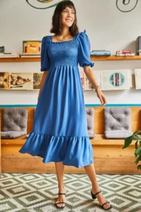 Olalook Women's Indigo Gimped Square Collar Bodrum Dress - Image 5