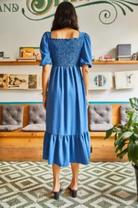 Olalook Women's Indigo Gimped Square Collar Bodrum Dress - Image 6