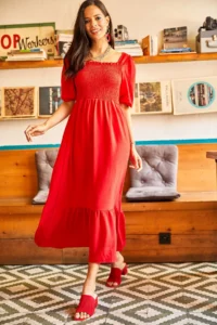 Olalook Women's Red Top with Glitter Square Collar Bodrum Dress - Image 2