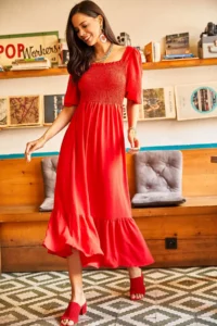 Olalook Women's Red Top with Glitter Square Collar Bodrum Dress - Image 3