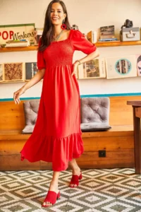 Olalook Women's Red Top with Glitter Square Collar Bodrum Dress - Image 4