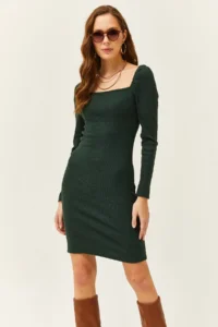 Olalook Women's Emerald Green Square Collar Lycra Dress - Image 3