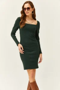 Olalook Women's Emerald Green Square Collar Lycra Dress - Image 4