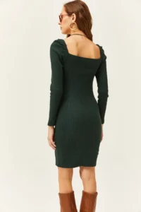 Olalook Women's Emerald Green Square Collar Lycra Dress - Image 5