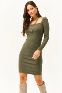Olalook Women Khaki Square Collar Lycra Dress - Image 2