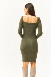 Olalook Women Khaki Square Collar Lycra Dress - Image 5