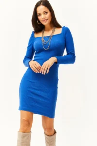 Olalook Women's Saks Blue Square Collar Lycra Dress