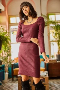 Olalook Women Plum Square Collar Lycra Dress - Image 2