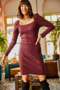 Olalook Women Plum Square Collar Lycra Dress - Image 3