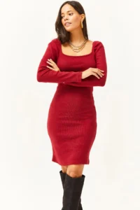 Olalook Women's Red Square Collar Lycra Dress - Image 3