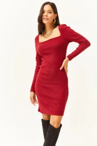 Olalook Women's Red Square Collar Lycra Dress - Image 4