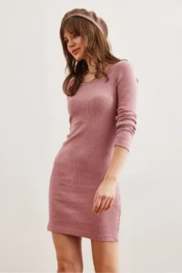 Olalook Women's Dusty Rose Wide Collar Lycra Dress - Image 3