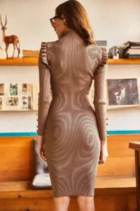 Olalook Women's Bitter Brown Button and Ruffle Detailed Knitwear Dress - Image 5