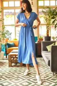 Olalook Women's Indigo Double Breasted Belted Slit Woven Dress - Image 2