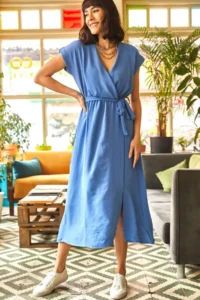 Olalook Women's Indigo Double Breasted Belted Slit Woven Dress - Image 3