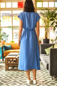 Olalook Women's Indigo Double Breasted Belted Slit Woven Dress - Image 4