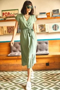 Olalook Women's Green Double Breasted Belted Slit Woven Dress - Image 2