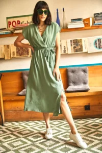 Olalook Women's Green Double Breasted Belted Slit Woven Dress - Image 3