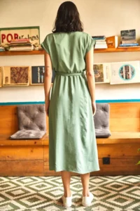 Olalook Women's Green Double Breasted Belted Slit Woven Dress - Image 5