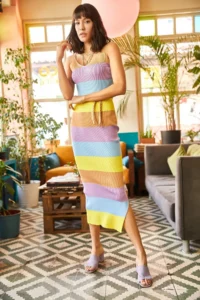 Olalook Women's Striped Beige Knitted Belted Strap Slit Knitwear Dress - Image 3