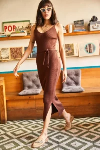 Olalook Women's Bitter Brown Knitted Belted Strappy Slit Knitwear Dress