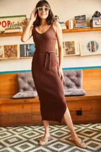 Olalook Women's Bitter Brown Knitted Belted Strappy Slit Knitwear Dress - Image 2