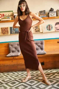 Olalook Women's Bitter Brown Knitted Belted Strappy Slit Knitwear Dress - Image 3