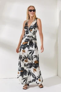 Olalook Women's Black Floral Double Breasted Belted Maxi Textured Knitted Dress - Image 3