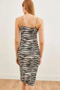 Olalook Women's White Zebra Chain Detailed Slit Knitted Dress - Image 5
