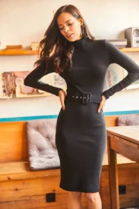 Olalook Women's Black Coated Belted Turtleneck Lycra Dress - Image 3