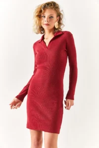 Olalook Women's Claret Red Polo Neck Lycra Raised Dress