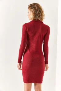 Olalook Women's Claret Red Polo Neck Lycra Raised Dress - Image 5