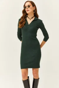Olalook Women's Emerald Green Polo Neck Lycra Raised Dress