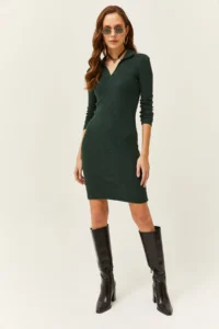 Olalook Women's Emerald Green Polo Neck Lycra Raised Dress - Image 2