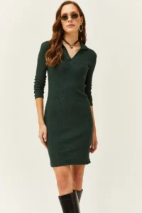 Olalook Women's Emerald Green Polo Neck Lycra Raised Dress - Image 3