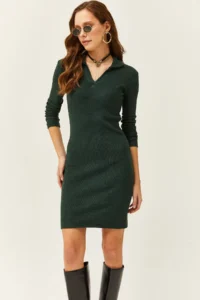 Olalook Women's Emerald Green Polo Neck Lycra Raised Dress - Image 4