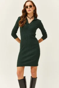Olalook Women's Emerald Green Polo Neck Lycra Raised Dress - Image 5