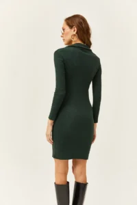 Olalook Women's Emerald Green Polo Neck Lycra Raised Dress - Image 6
