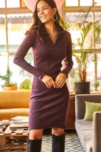 Olalook Women's Plum Polo Neck Lycra Raised Dress - Image 2