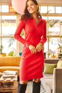Olalook Women's Red Polo Collar Lycra Raised Dress - Image 4