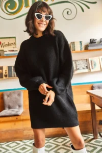 Olalook Women's Black Crew Neck Balloon Sleeve Soft Textured Knitwear Tunic Dress - Image 2
