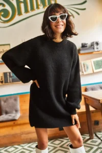 Olalook Women's Black Crew Neck Balloon Sleeve Soft Textured Knitwear Tunic Dress - Image 5