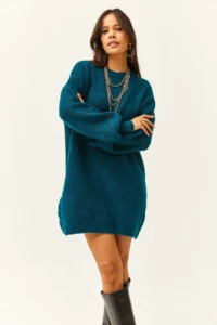 Olalook Women's Petrol Blue Crew Neck Balloon Sleeve Soft Textured Knitwear Tunic Dress - Image 2