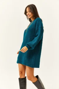Olalook Women's Petrol Blue Crew Neck Balloon Sleeve Soft Textured Knitwear Tunic Dress - Image 3