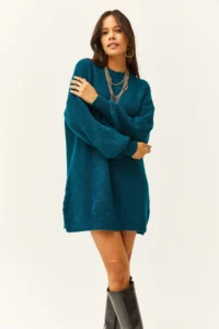 Olalook Women's Petrol Blue Crew Neck Balloon Sleeve Soft Textured Knitwear Tunic Dress - Image 4