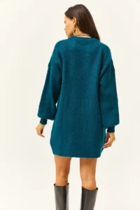 Olalook Women's Petrol Blue Crew Neck Balloon Sleeve Soft Textured Knitwear Tunic Dress - Image 5